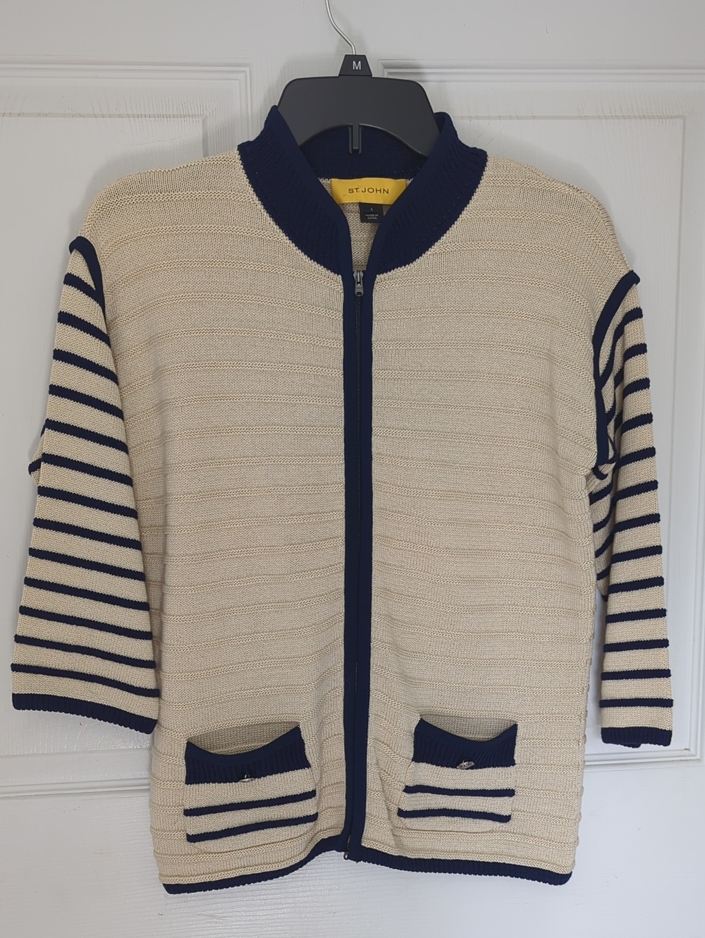 St John Beige And Navy Stripe Cotton Zip Cardigan